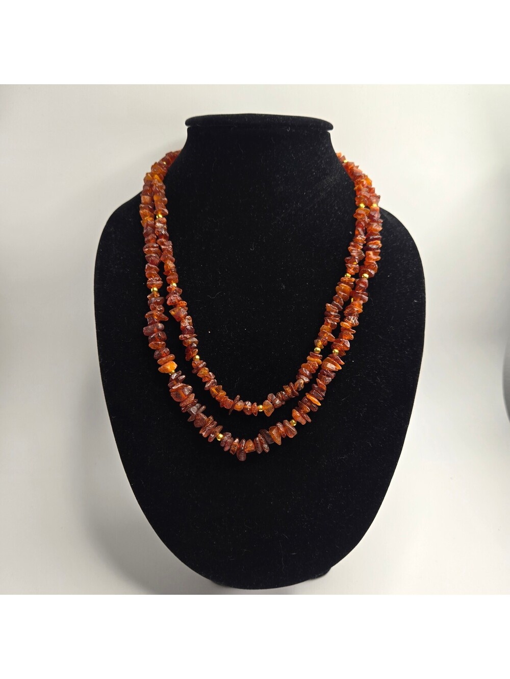 Vintage Genuine Amber Double Strand Chip Necklace Cognac Honey Long Necklace